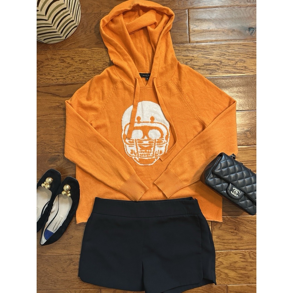 SKULL CASHMERE Orange 100% Cashmere Football Helmet Skull Hoodie Sweater Sz XS